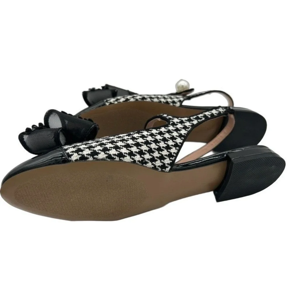 New Betsey Johnson Livy Flats Women's Size 7 Black White Houndstooth Pearl Bow